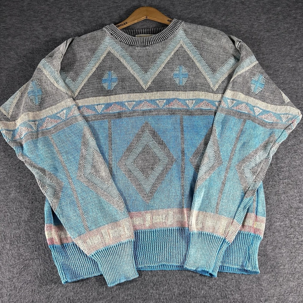 London Fog Blue, Gray and Cream Geometric Knit Sweater